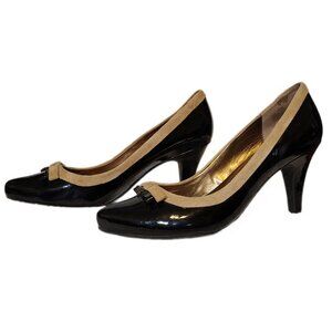 Me Too Size 11 Black Patent Leather Tan Beige Suede Spectator‎ Pumps Heels Retro